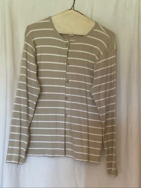 Geoffrey Beene Beige and White Striped Button Cardigan